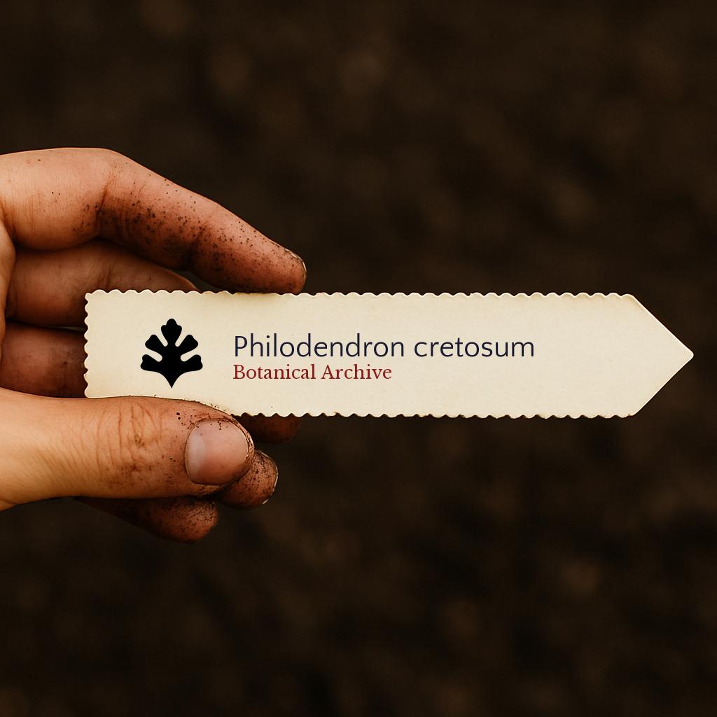Plant label for Philodendron cretosum with black leaf icon held in dirty hand