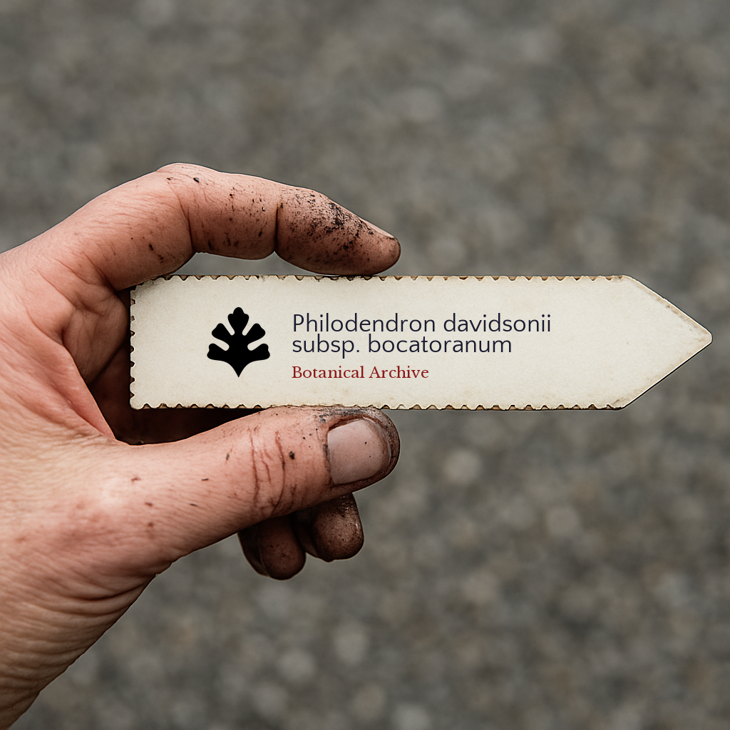 Printed plant label for Philodendron davidsonii subsp. bocatoranum held by dirty hand