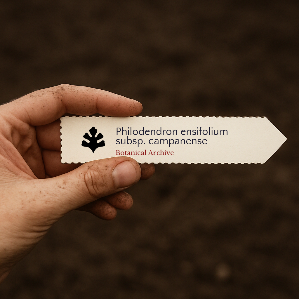 Printed plant label for Philodendron ensifolium subsp. campanense held in hand with soil background
