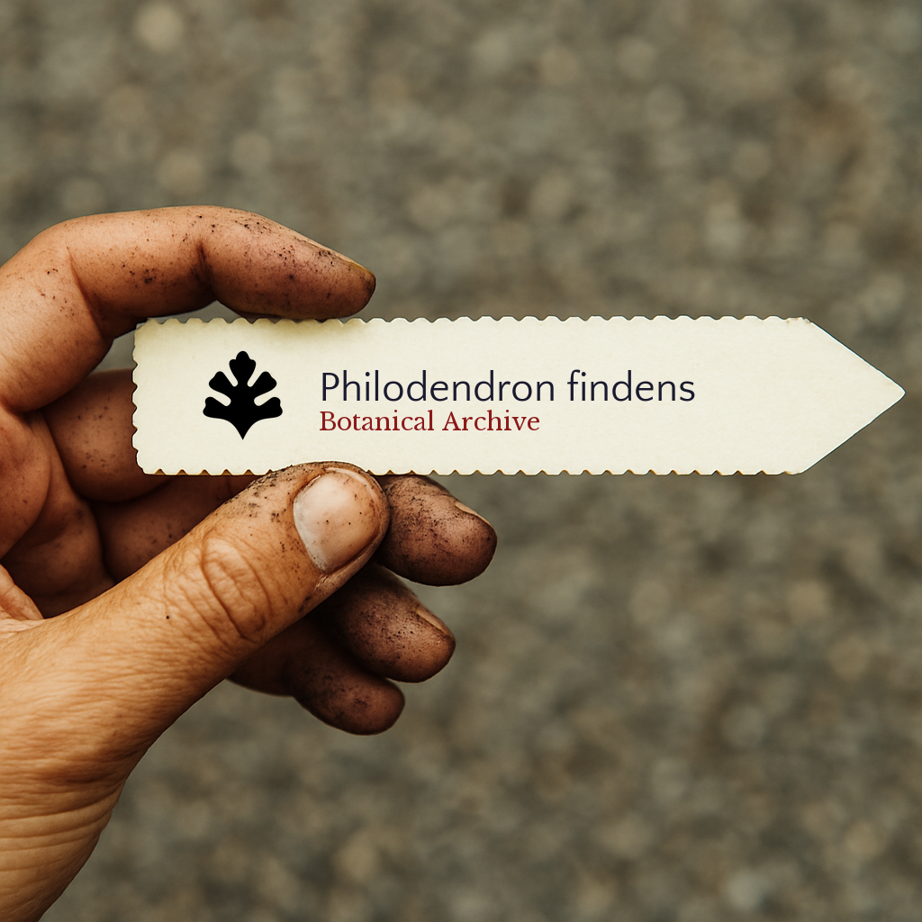 Printed plant label for Philodendron findens held by dirty hand outdoors