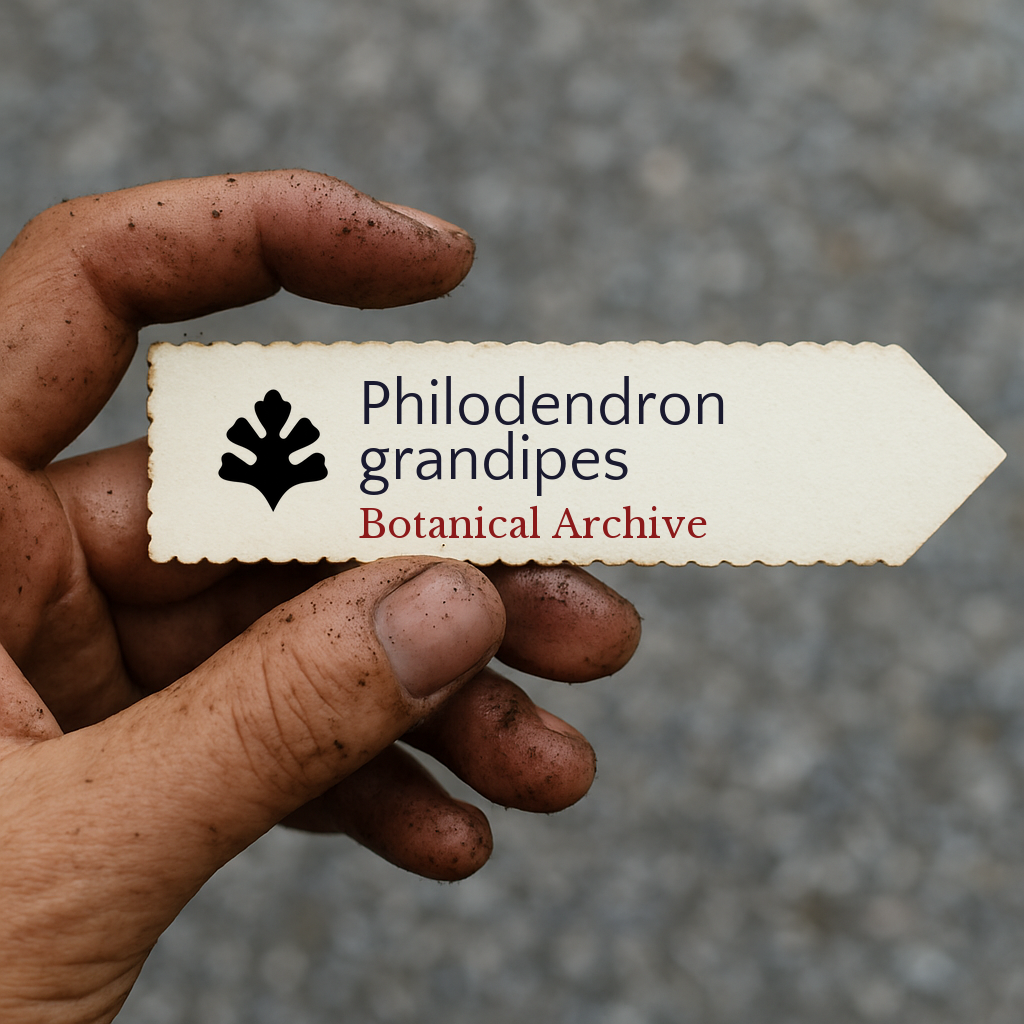 Printed plant label for Philodendron grandipes held by dirty hand outdoors
