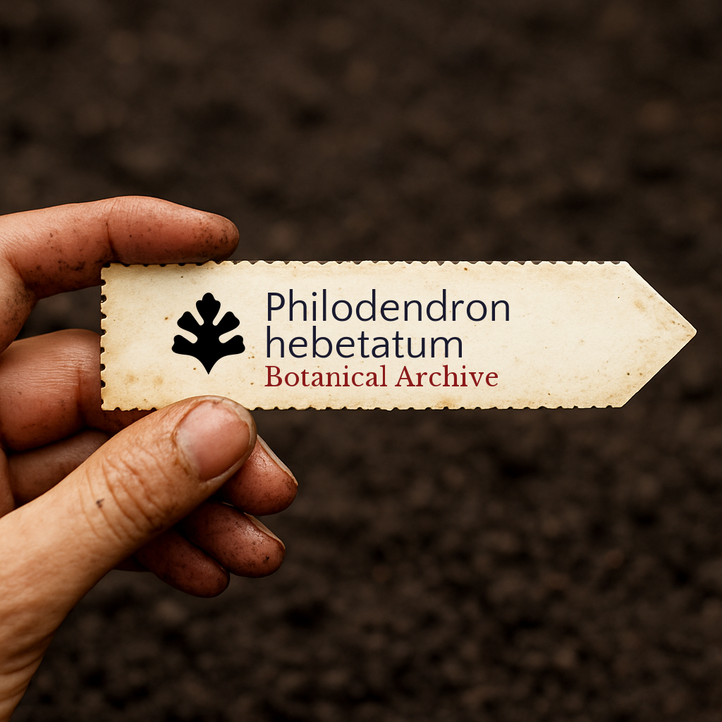 Printed plant label for Philodendron hebetatum held over soil background