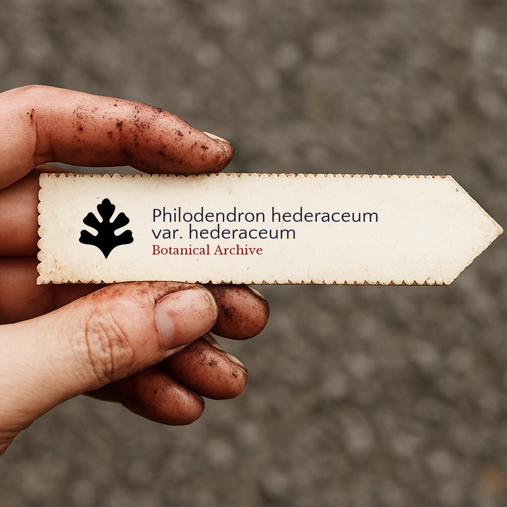 Printed plant label for Philodendron hederaceum var. hederaceum held by dirty hand