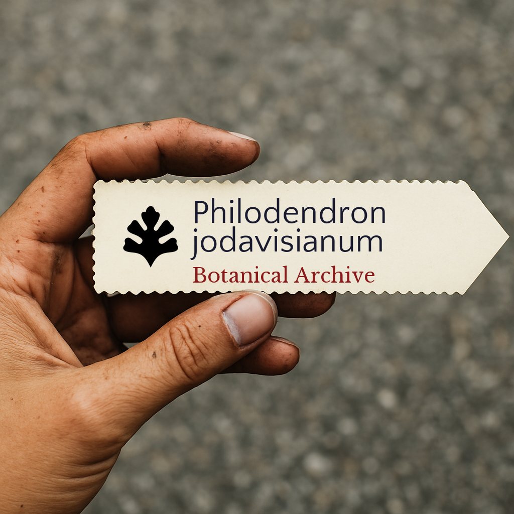 Etichetta per pianta stampata per Philodendron jodavisianum con testo Botanical Archive tenuta a mano