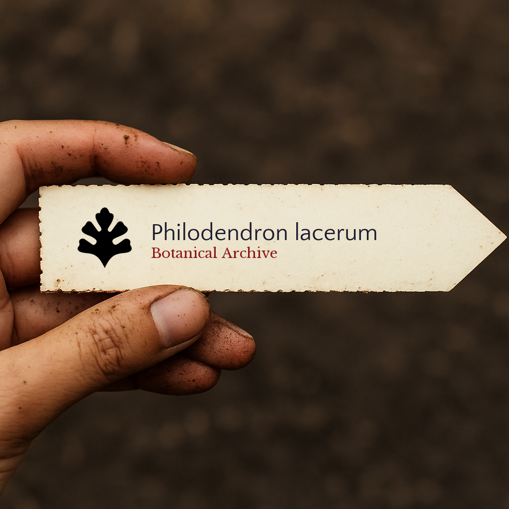 Etichetta per piante stampata per Philodendron lacerum tenuta a mano con sfondo di terra