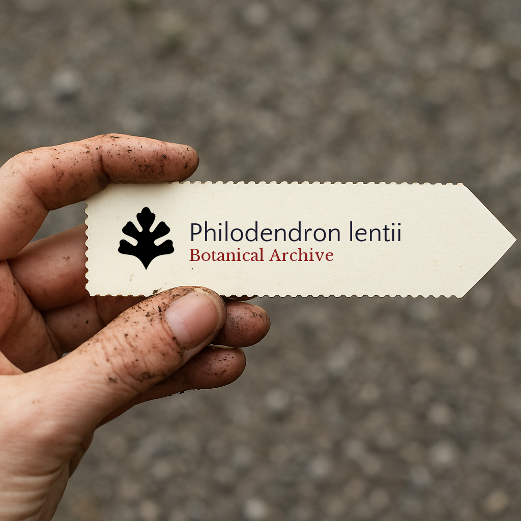 Etichetta stampata per pianta di Philodendron lentii con logo Botanical Archive tenuta da mano sporca