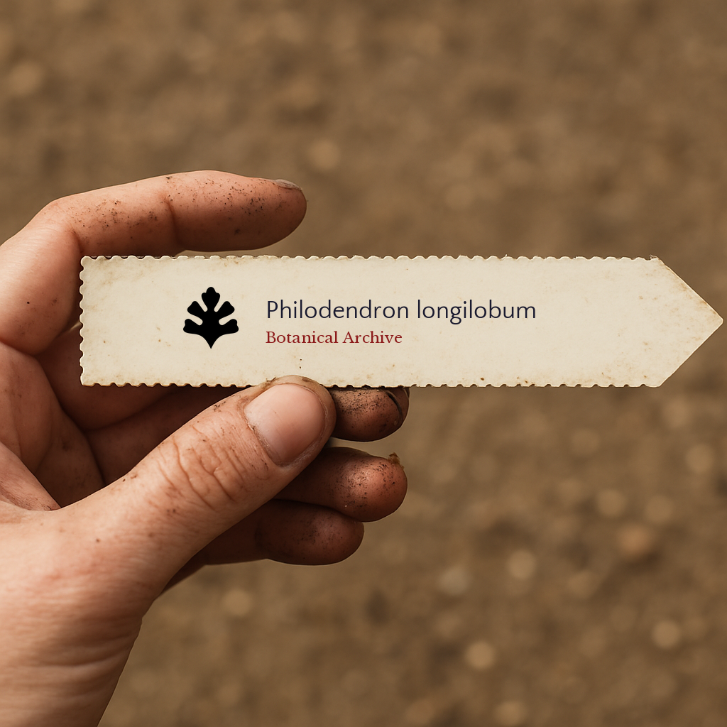 Printed plant label for Philodendron longilobum held by dirty hand with soil background