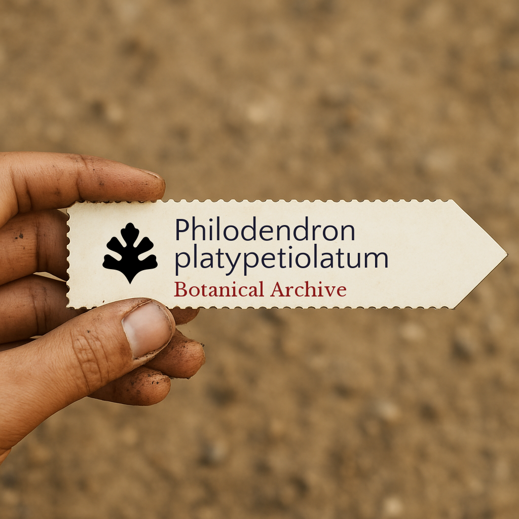 Etichetta della pianta stampata per Philodendron platypetiolatum tenuta a mano con sfondo di terreno