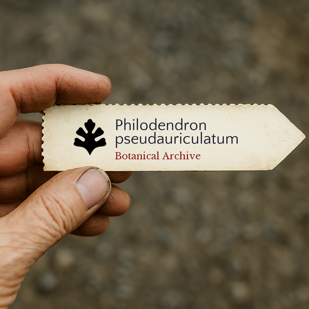 Etichetta per pianta stampata per Philodendron pseudauriculatum tenuta a mano con sfondo sfocato