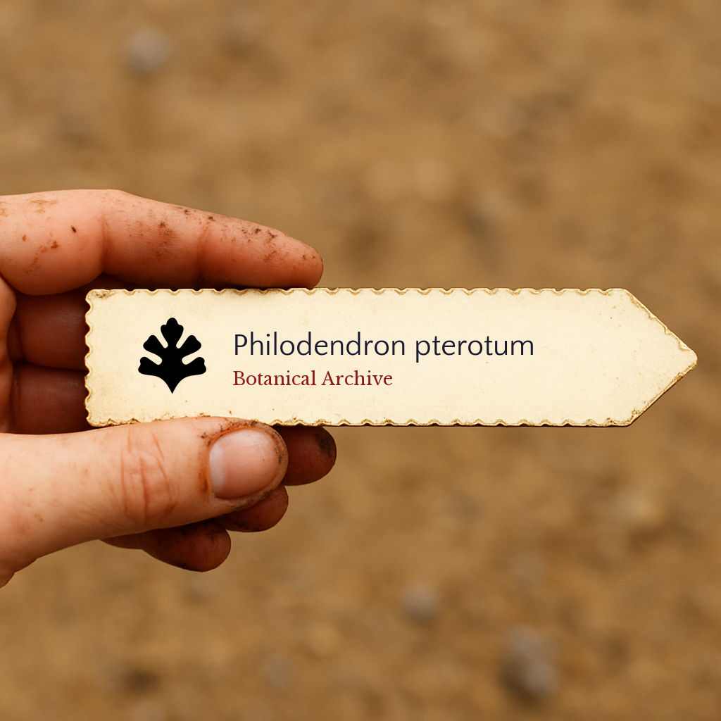 Etichetta per pianta stampata per Philodendron pterotum tenuta a mano con sfondo di terreno