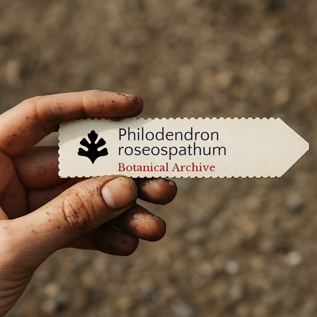 Printed plant label for Philodendron roseospathum held by dirty hand outdoors