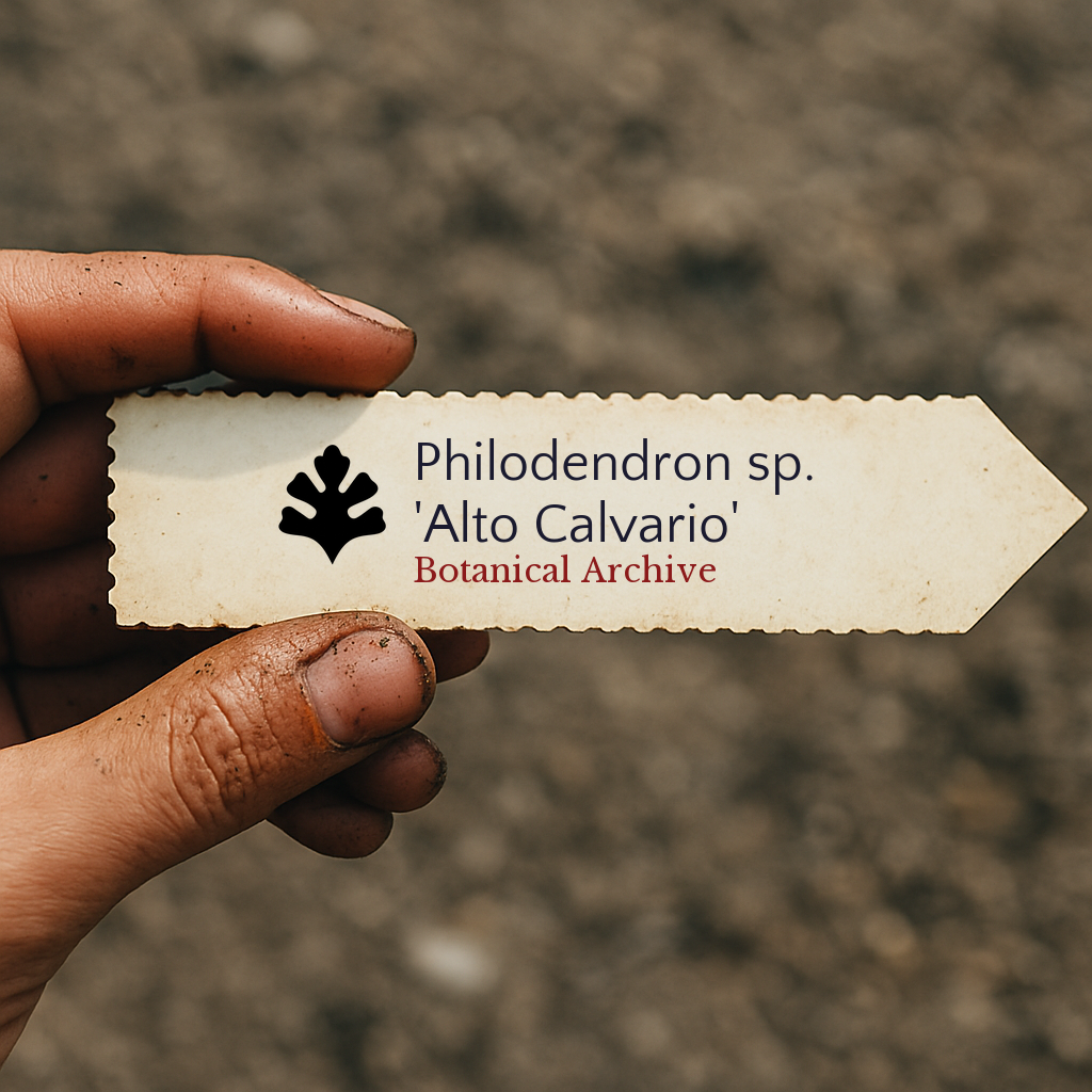 Printed plant label for Philodendron sp. 'Alto Calvario' held by hand with soil background