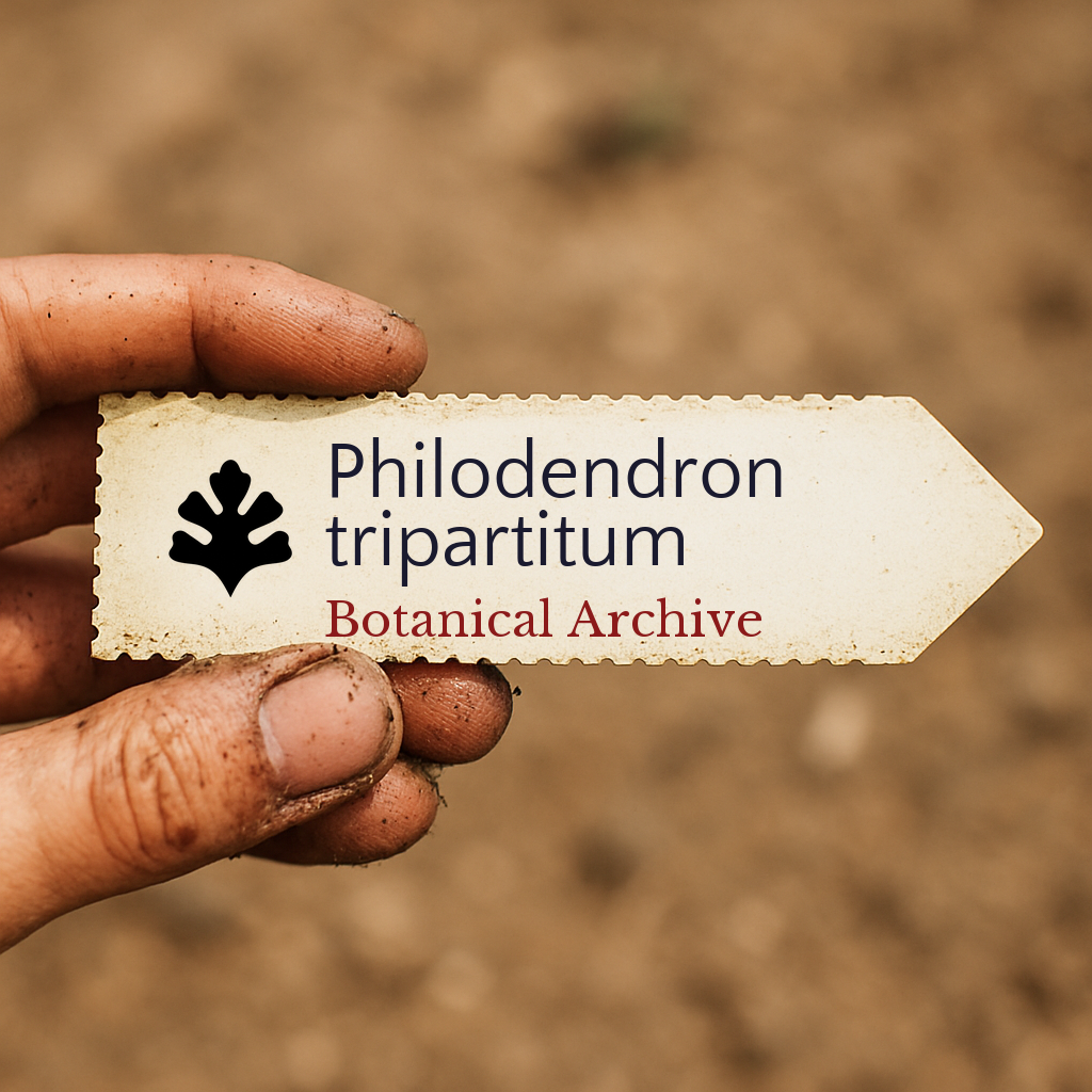 Etichetta per pianta stampata per Philodendron tripartitum tenuta da mano sporca con sfondo di terreno