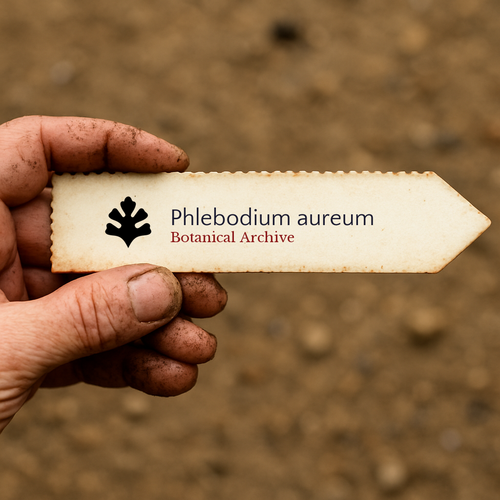 Etichetta stampata per pianta di Phlebodium aureum con logo Botanical Archive tenuta da mano sporca