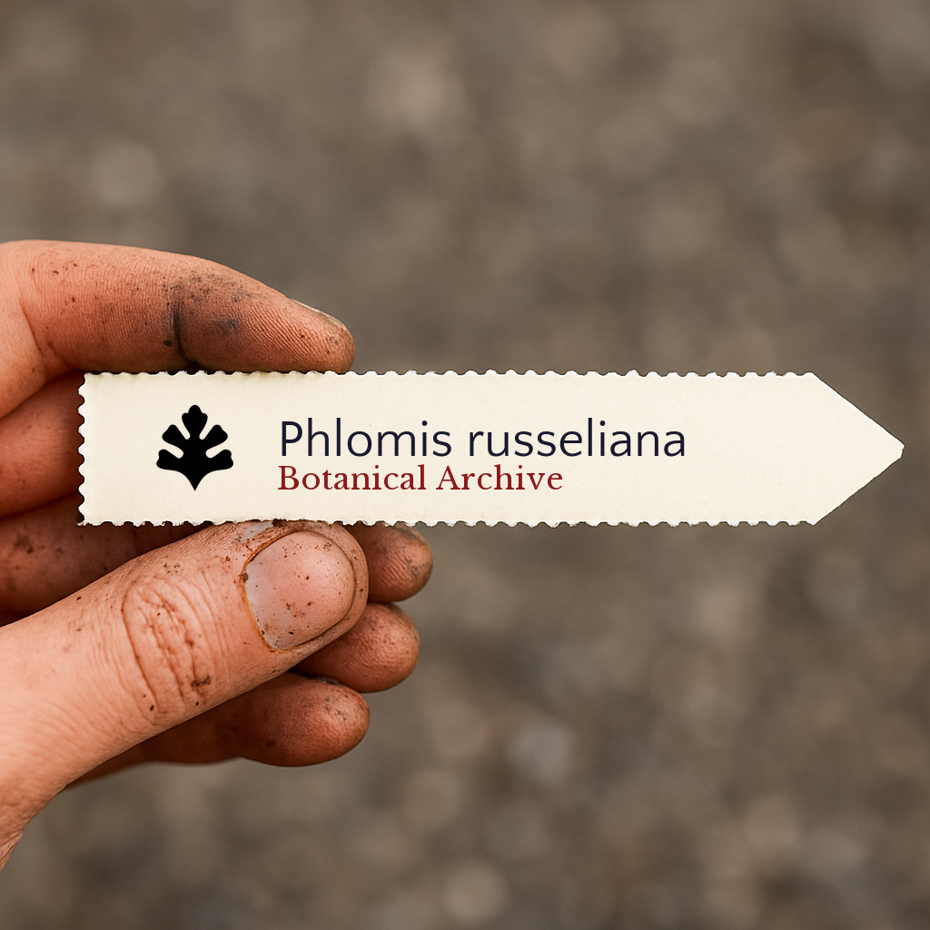 Printed plant label for Phlomis russeliana held by dirty hand outdoors