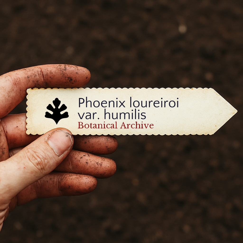 Etichetta stampata per pianta Phoenix loureiroi var. humilis tenuta da mano sporca su sfondo di terreno