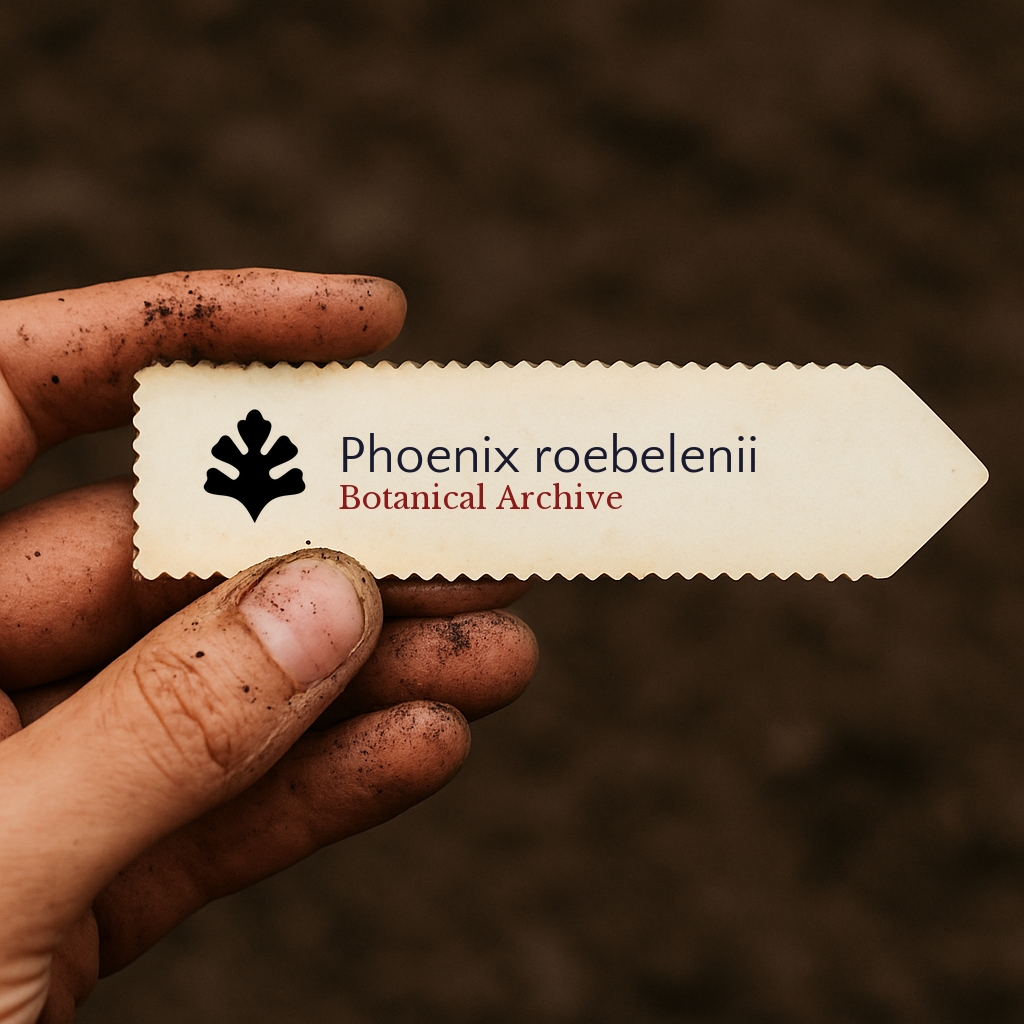 Printed plant label for Phoenix roebelenii held by dirty hand over soil background