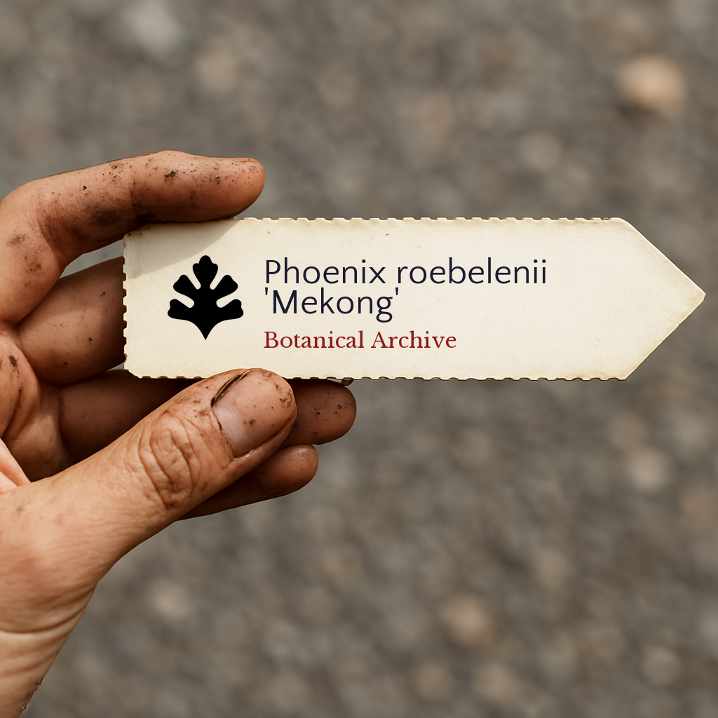 Printed plant label for Phoenix roebelenii 'Mekong' held by dirty hand outdoors