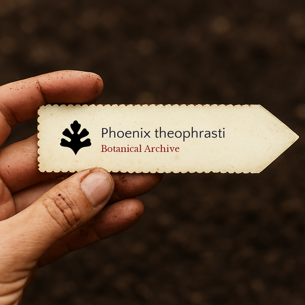 Printed plant label for Phoenix theophrasti held by hand over soil background