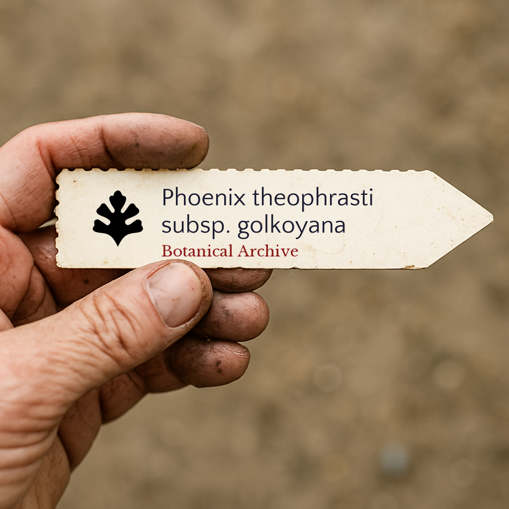 Printed plant label for Phoenix theophrasti subsp. golkoyana held by gardener's dirty hand