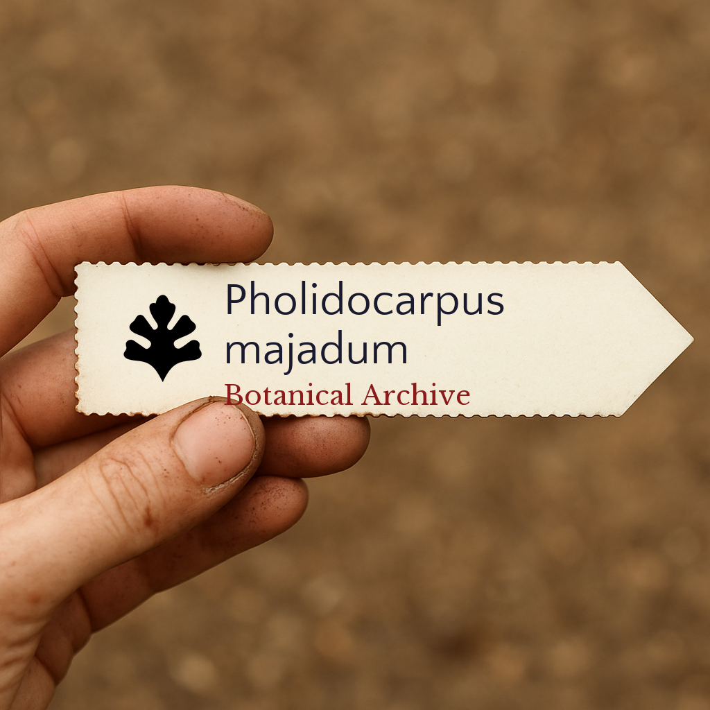 Etichetta per pianta stampata per Pholidocarpus majadum tenuta in mano con sfondo di terra