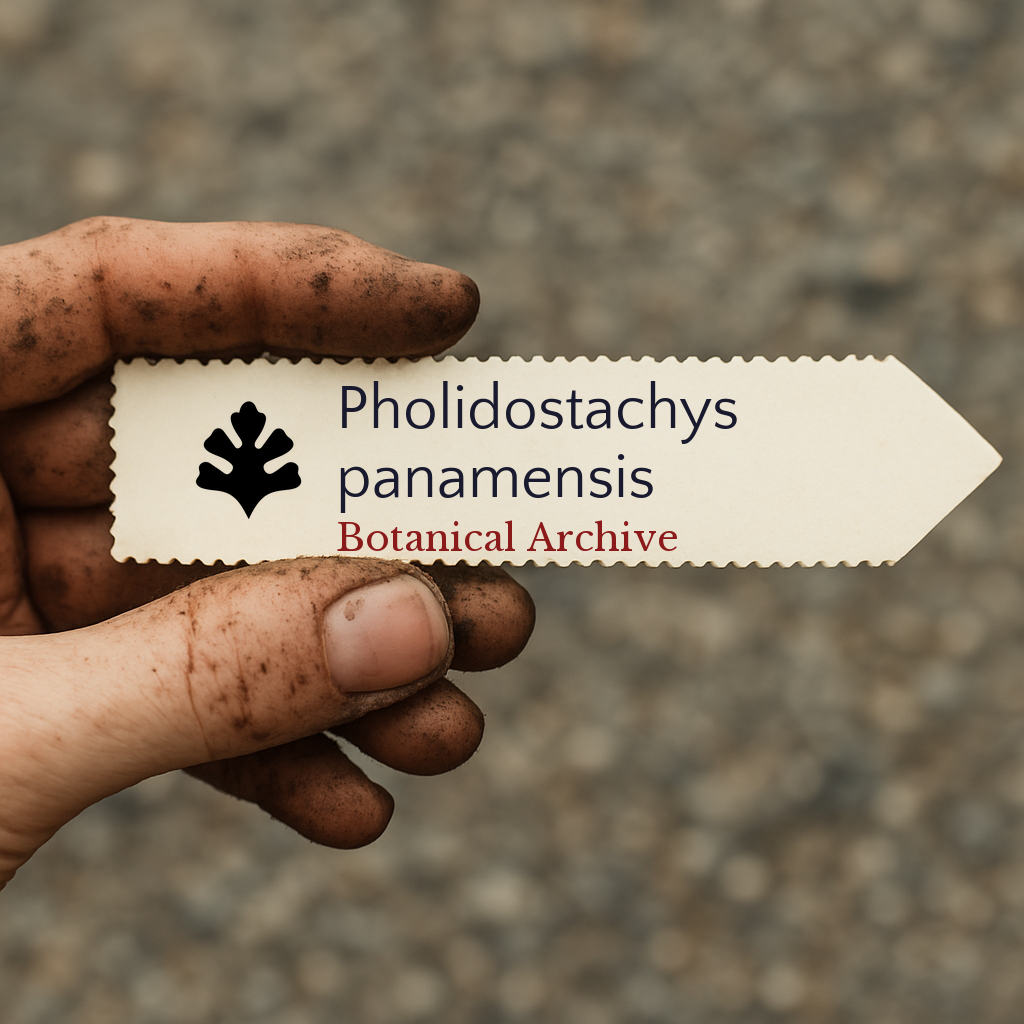 Printed plant label for Pholidostachys panamensis held by dirty hand outdoors