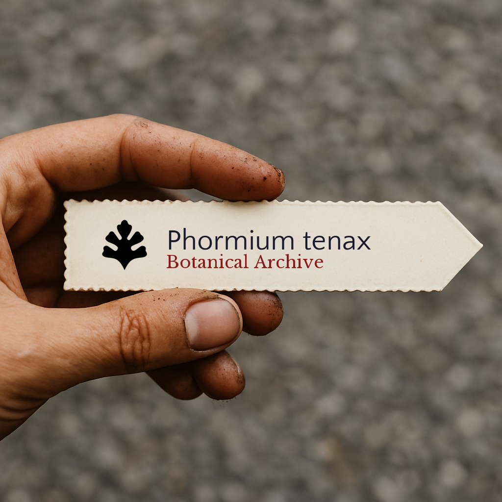 Printed plant label for Phormium tenax held by hand with dirt background
