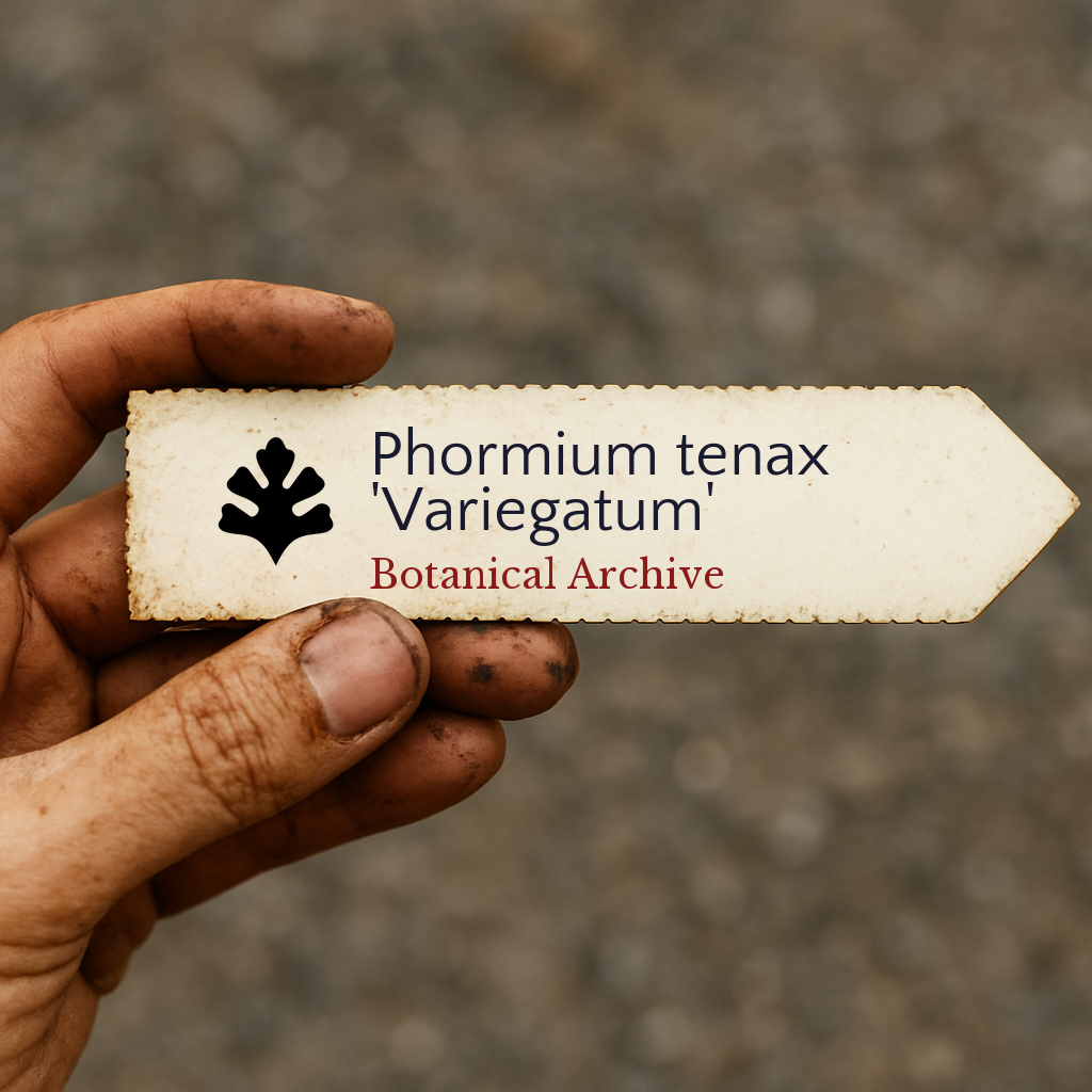 Printed plant label for Phormium tenax 'Variegatum' held by dirty hand outdoors