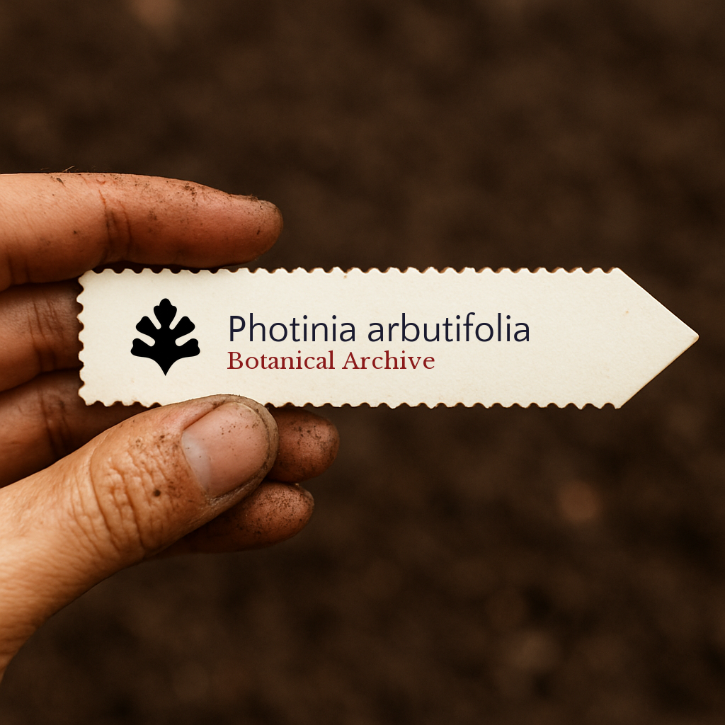 Etichetta piantina stampata per Photinia arbutifolia tenuta a mano con sfondo di terra