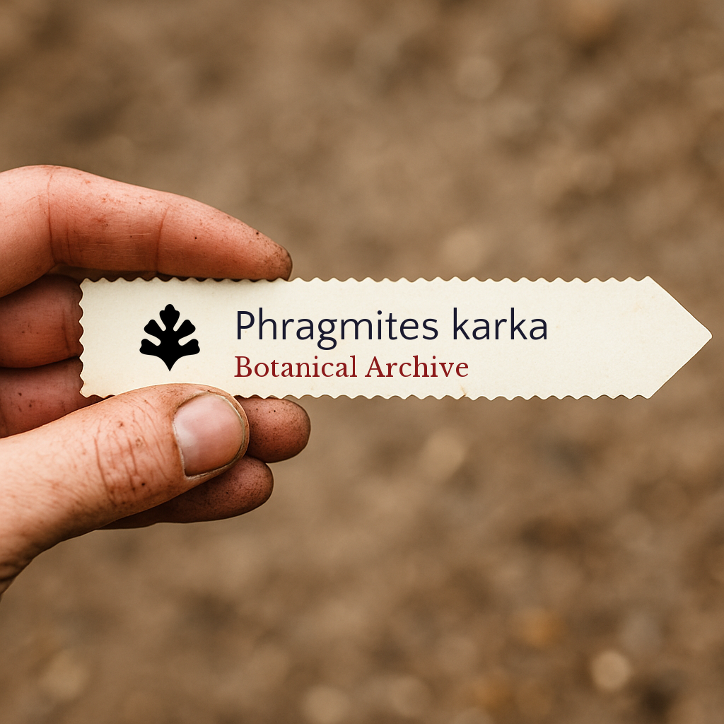 Printed plant label for Phragmites karka held by hand with soil background