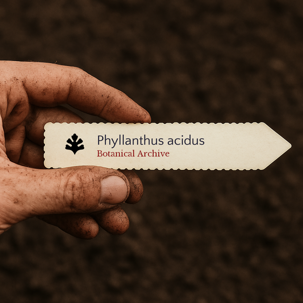 Printed plant label for Phyllanthus acidus held by dirty hand over soil background