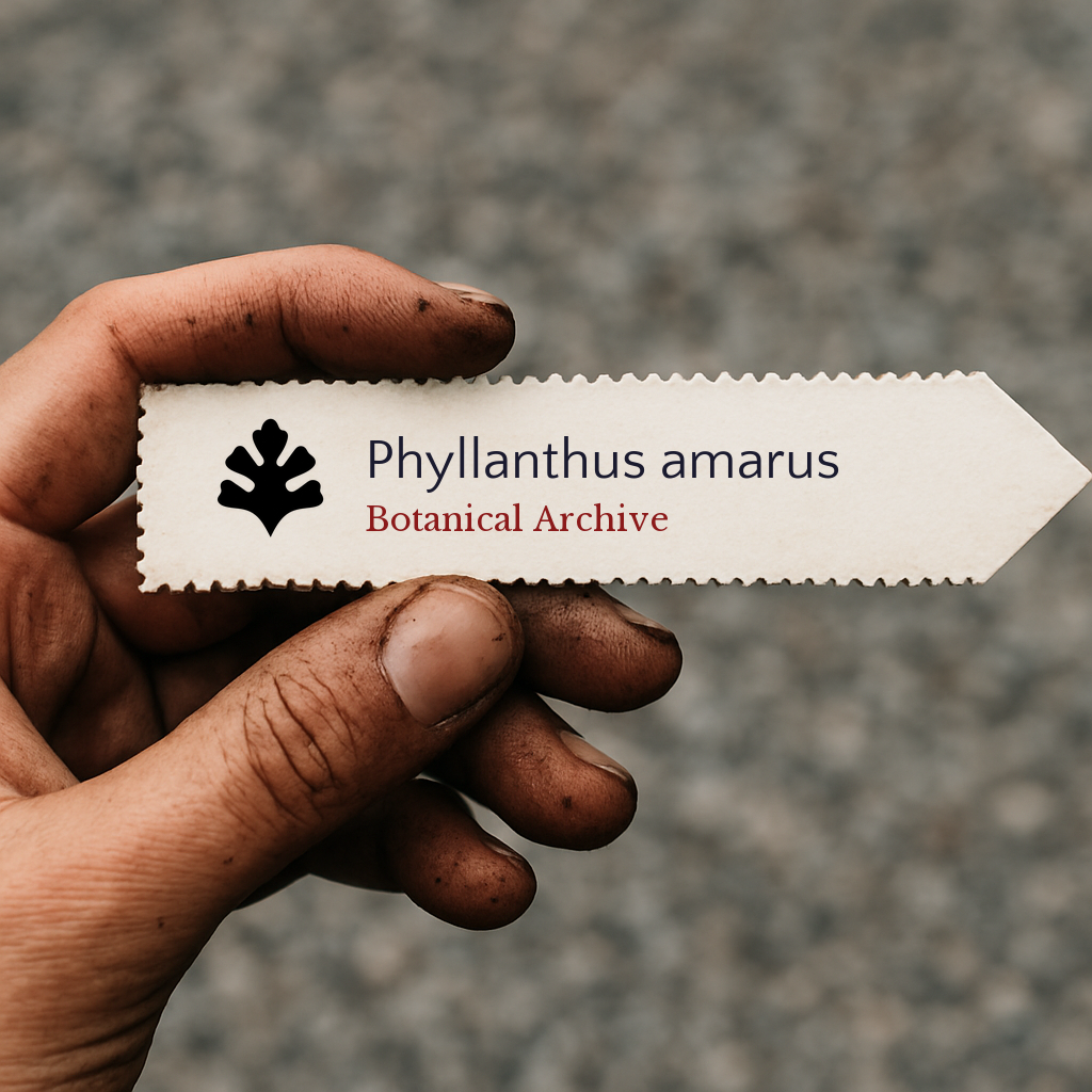 Printed plant label for Phyllanthus amarus held by dirty hand outdoors