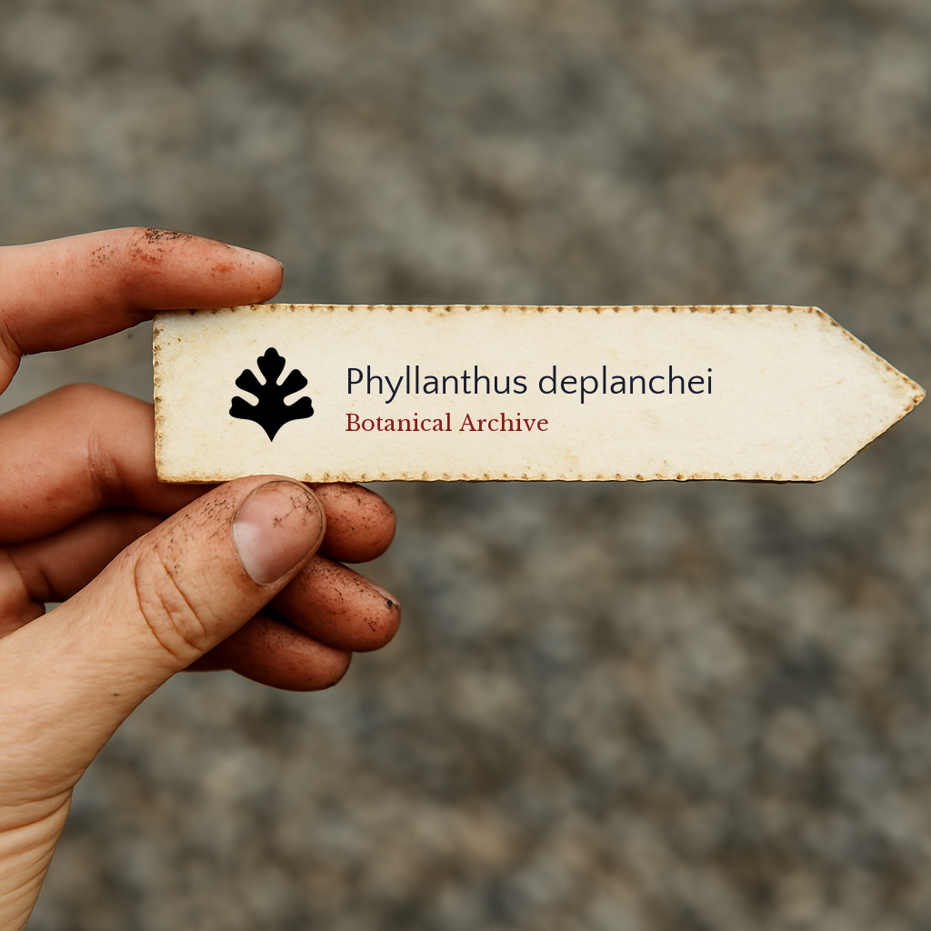 Printed plant label for Phyllanthus deplanchei held by dirty hand outdoors