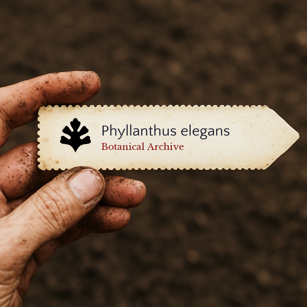 Etichetta per pianta di Phyllanthus elegans tenuta da una mano sporca su sfondo di terreno