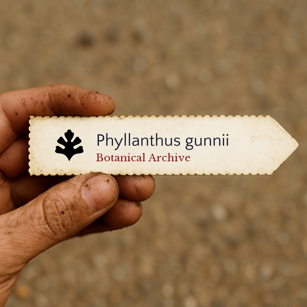 Etichetta per pianta stampata per Phyllanthus gunnii con logo Botanical Archive in mano