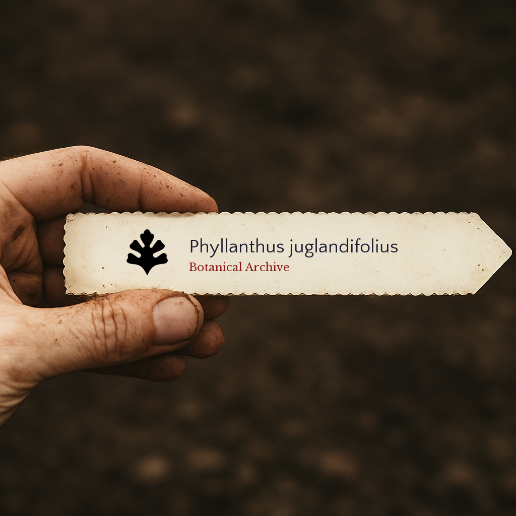 Printed plant label for Phyllanthus juglandifolius held by hand over soil background