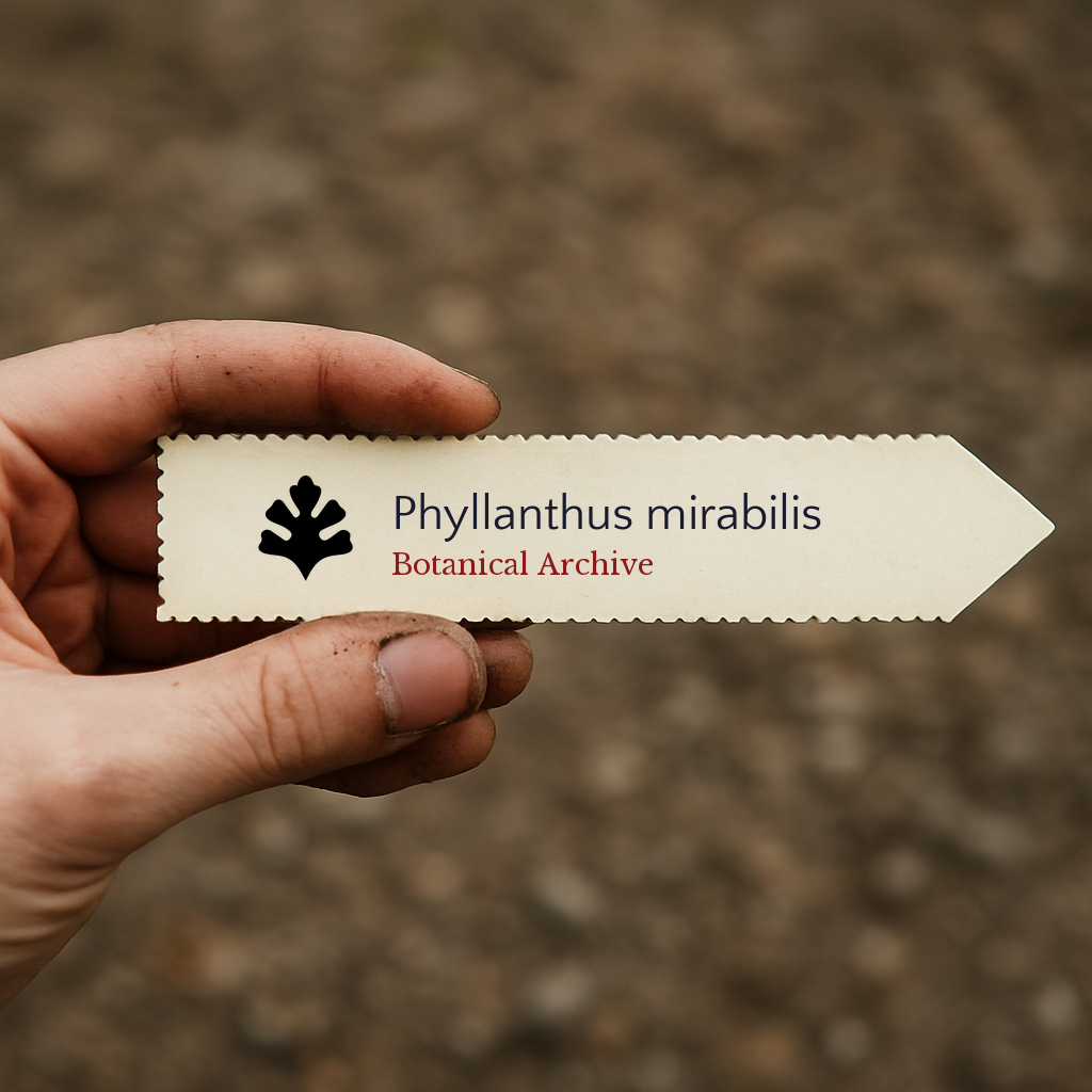 Printed plant label for Phyllanthus mirabilis with botanical archive logo held by hand