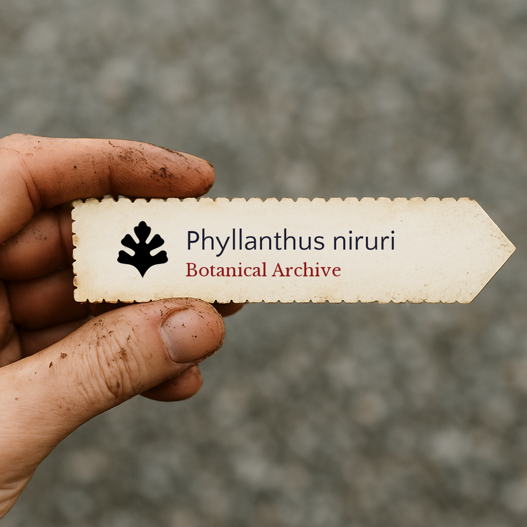 Etichetta stampata per pianta di Phyllanthus niruri tenuta a mano con macchie di terra