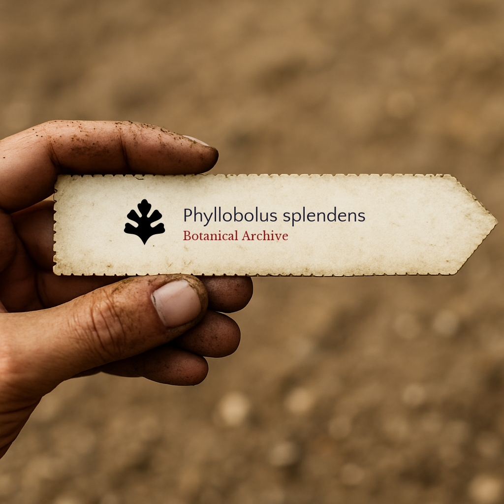Printed plant label for Phyllobolus splendens held by dirty hand outdoors