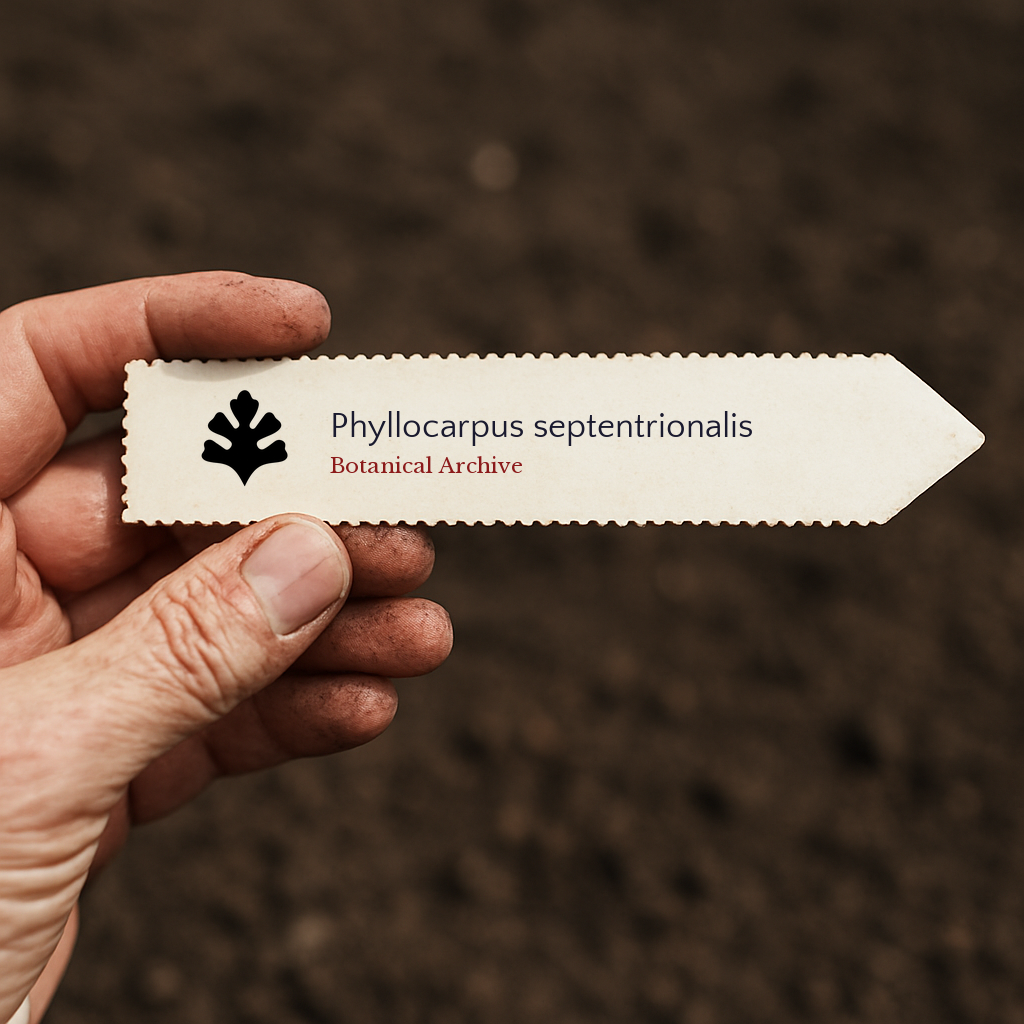 Printed plant label for Phyllocarpus septentrionalis held over soil background