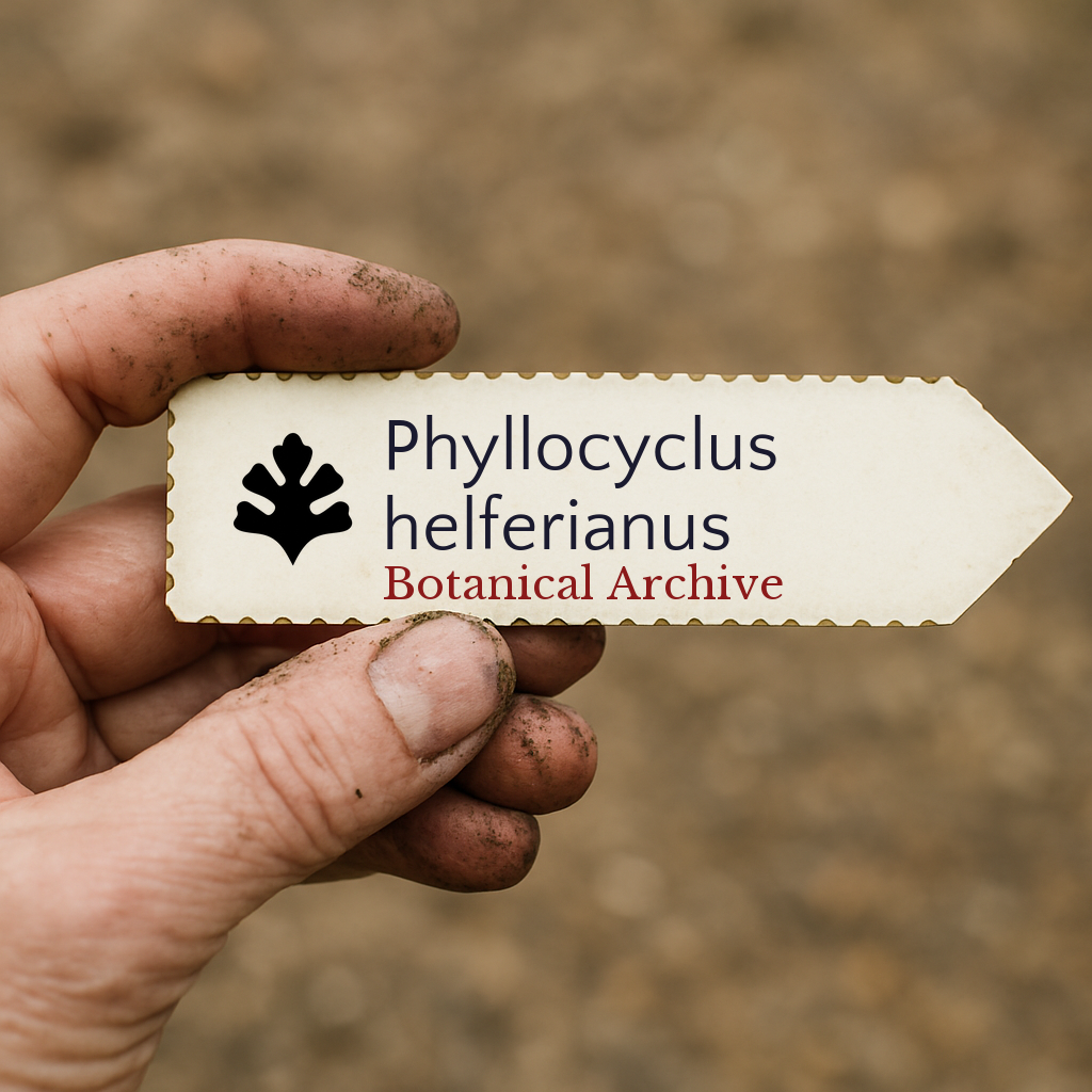 Printed plant label for Phyllocyclus helferianus held by a dirty hand outdoors