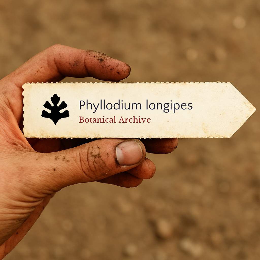 Etichetta per pianta stampata per Phyllodium longipes tenuta da mano sporca all'aperto