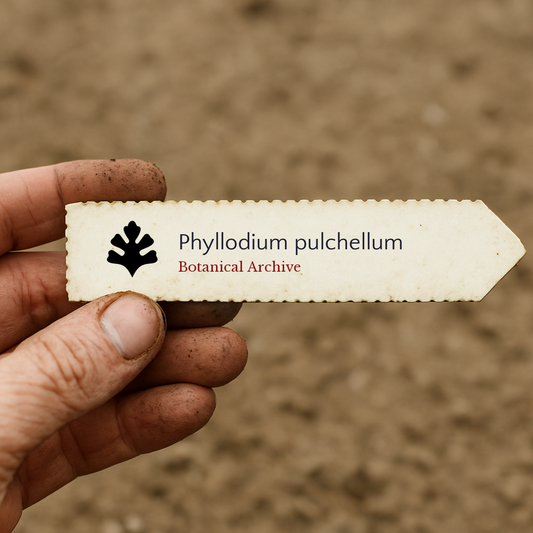 Etichetta stampata per pianta di Phyllodium pulchellum tenuta in mano su sfondo di terreno