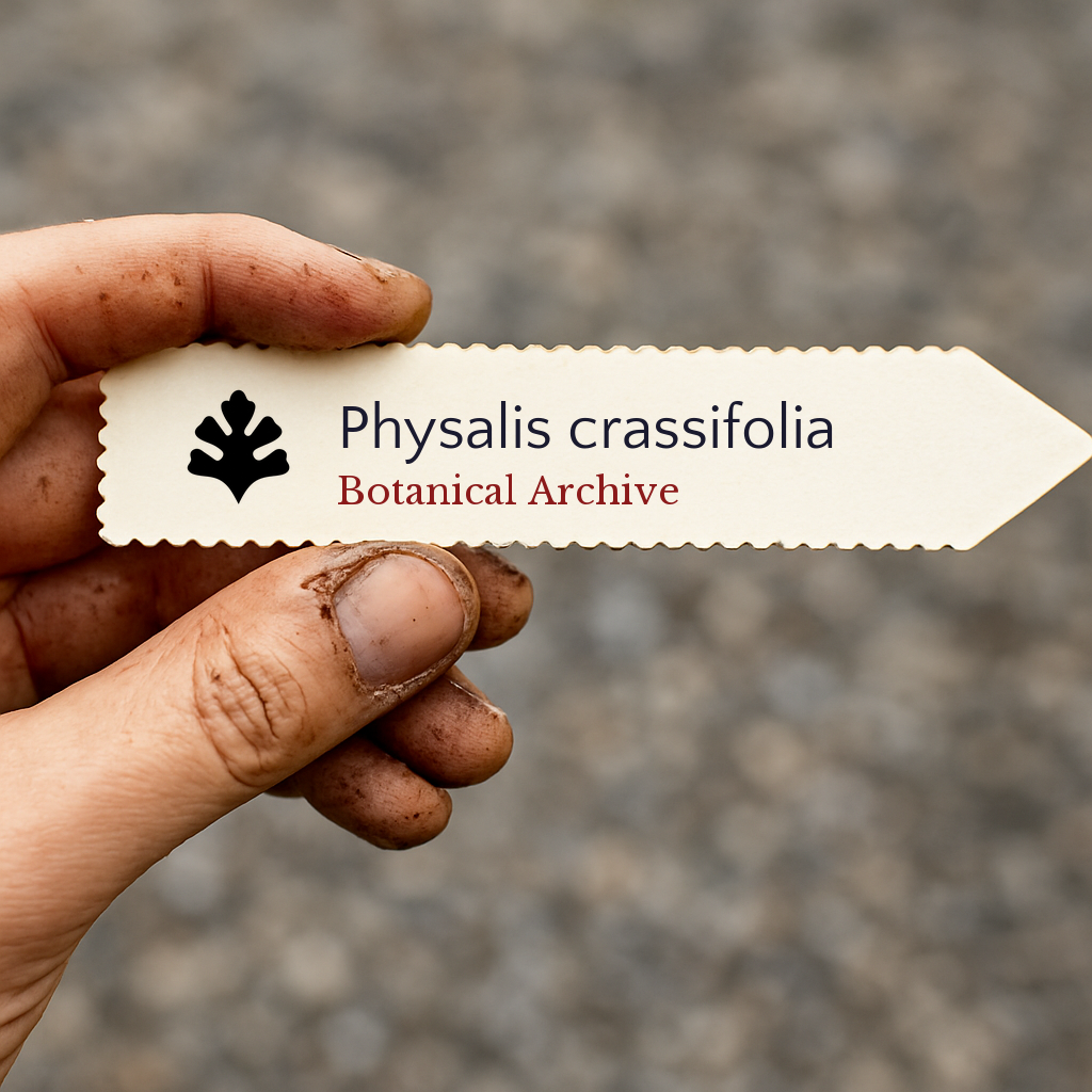 Printed plant label for Physalis crassifolia held by dirty hand outdoors
