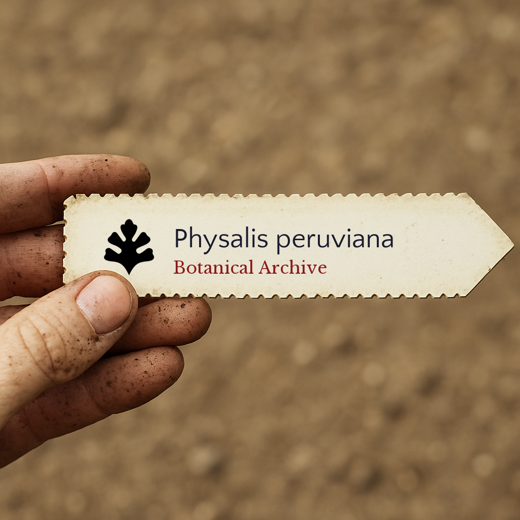 Etichetta stampata per piante di Physalis peruviana tenuta da mano sporca con sfondo di terra