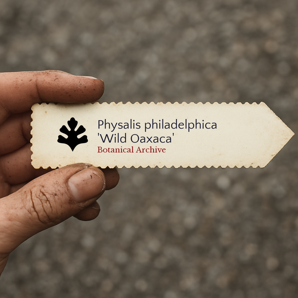 Printed plant label for Physalis philadelphica 'Wild Oaxaca' held by hand with dirt background