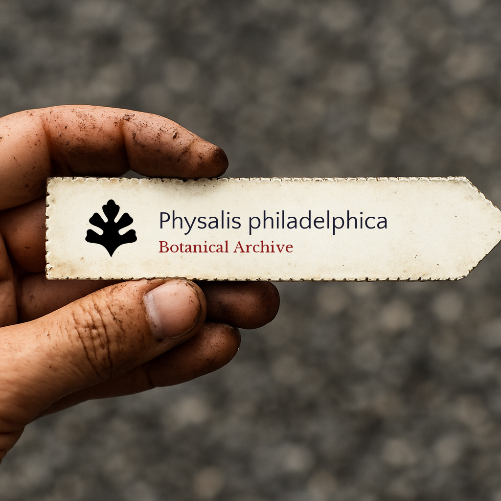 Printed plant label for Physalis philadelphica held by dirty hand against blurred background
