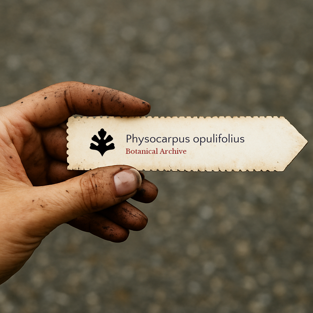 Etichetta di carta stampata per pianta Physocarpus opulifolius tenuta da mano sporca all'aperto