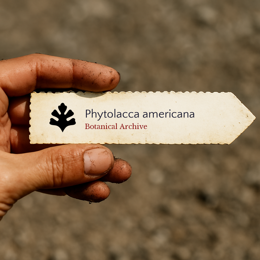 Printed plant label for Phytolacca americana held by hand with dirt background
