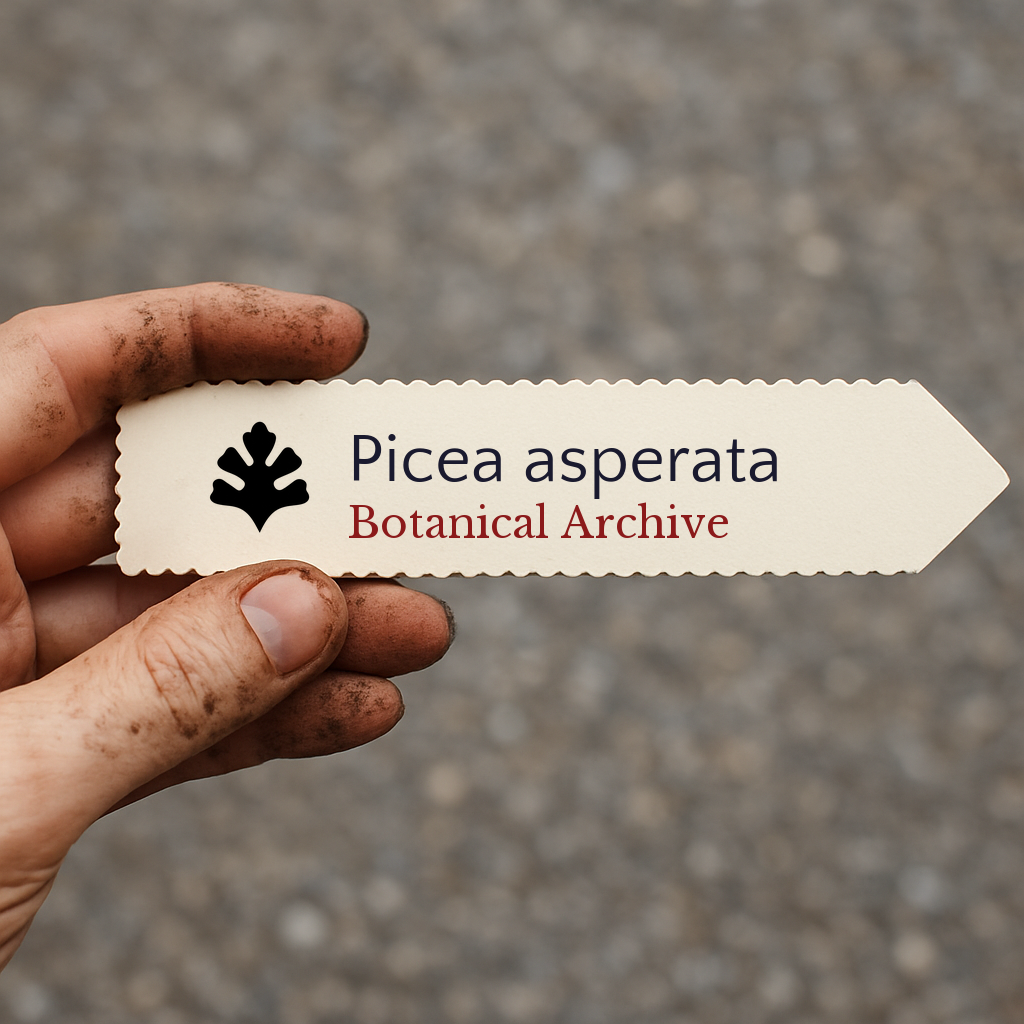 Printed plant label for Picea asperata held by hand with dirt on fingers